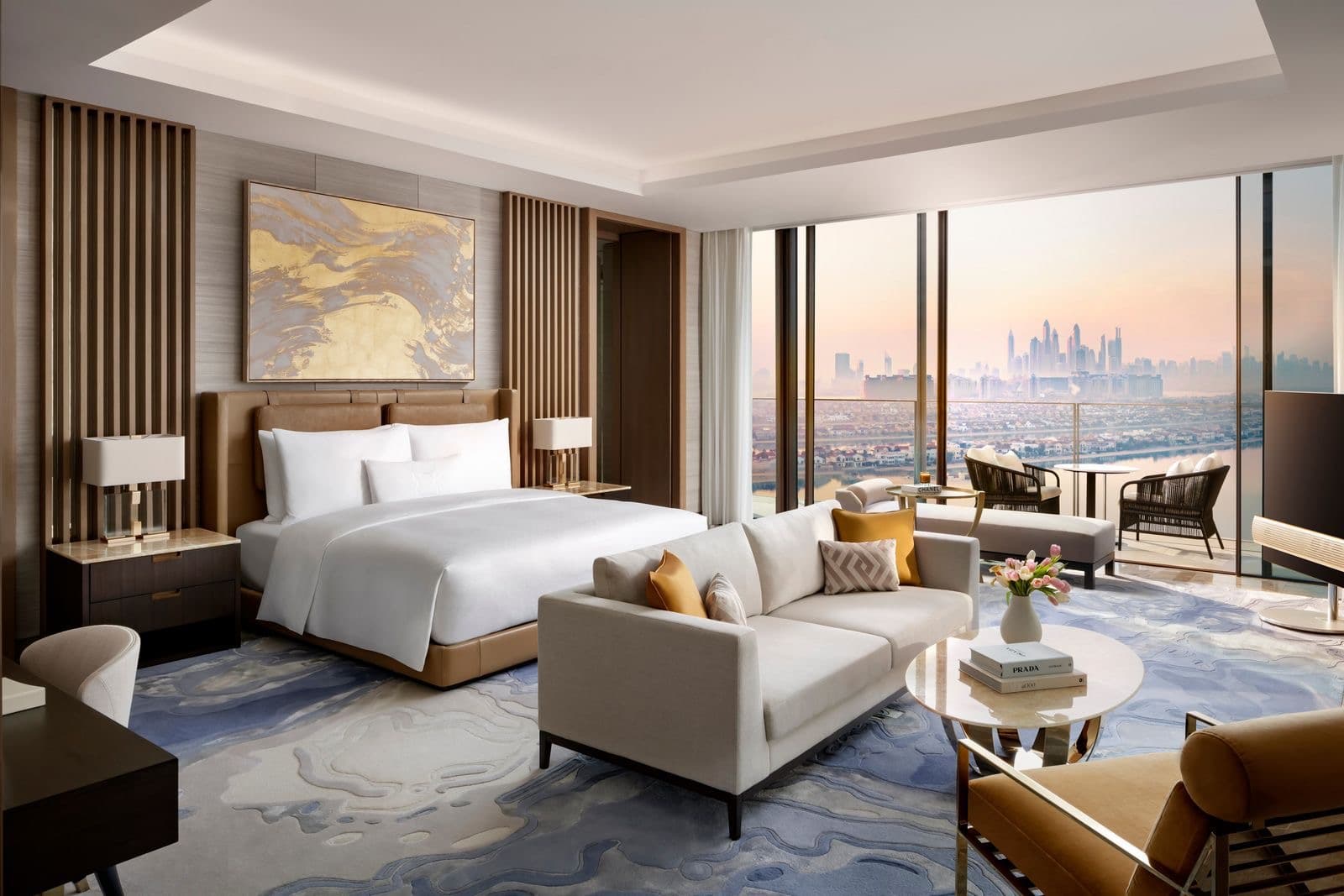 Atlantis The Royal mansion suite bedroom with Dubai skyline views